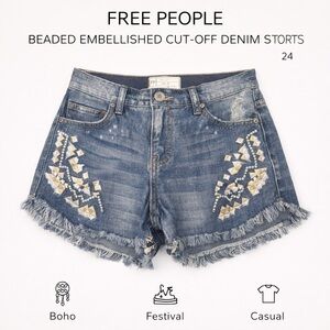 Free People Beaded Denim Shorts Size 24 Boho Distressed Cut Off Jean Shorts